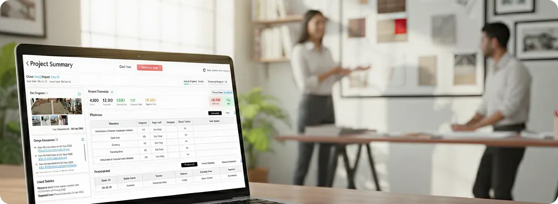 Interior Design Business CRM Solution - Project management dashboard showing room samples, budgets, and collaboration features