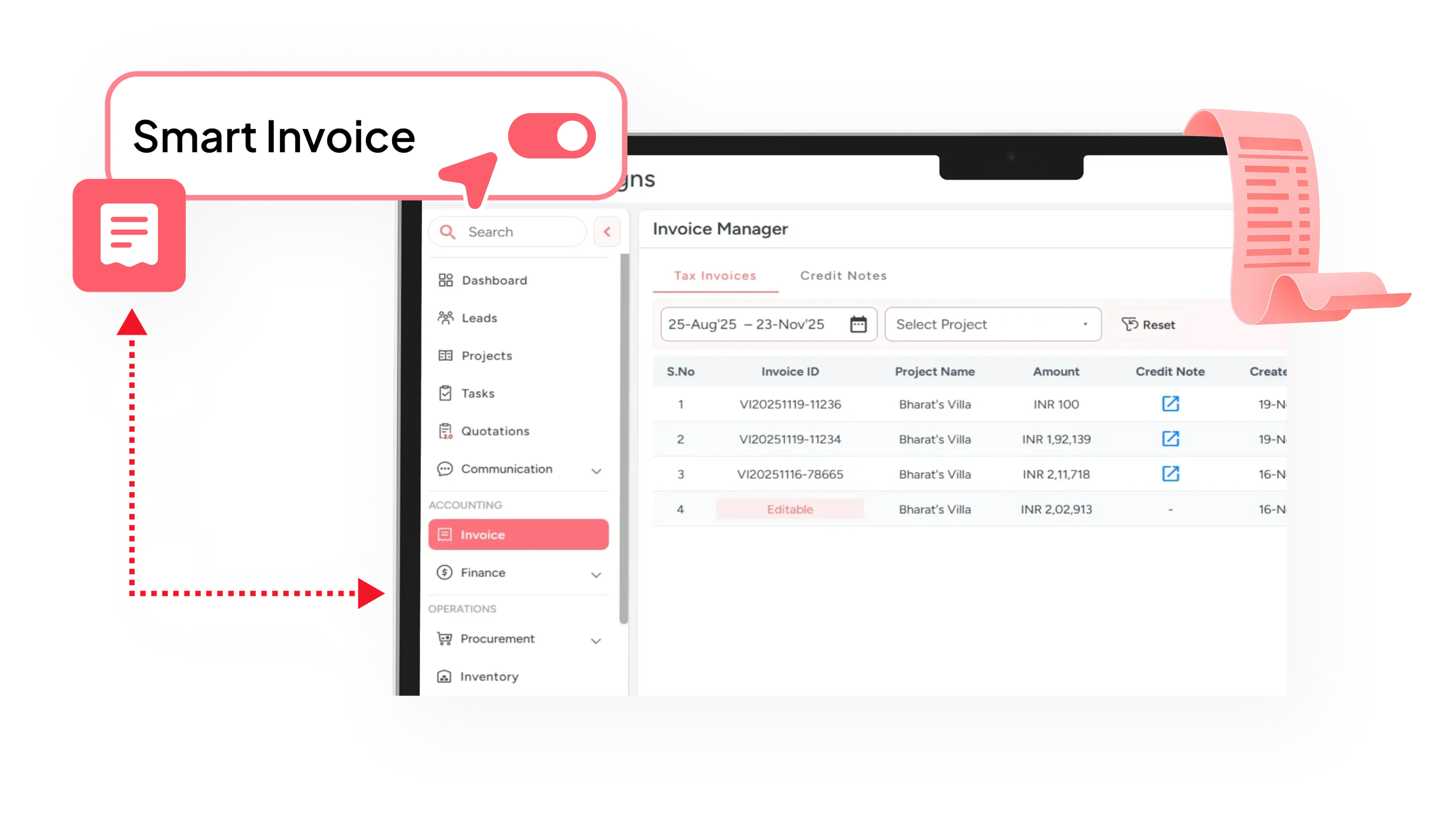 Interior Design Business CRM Solution - Project management dashboard showing room samples, budgets, and collaboration features